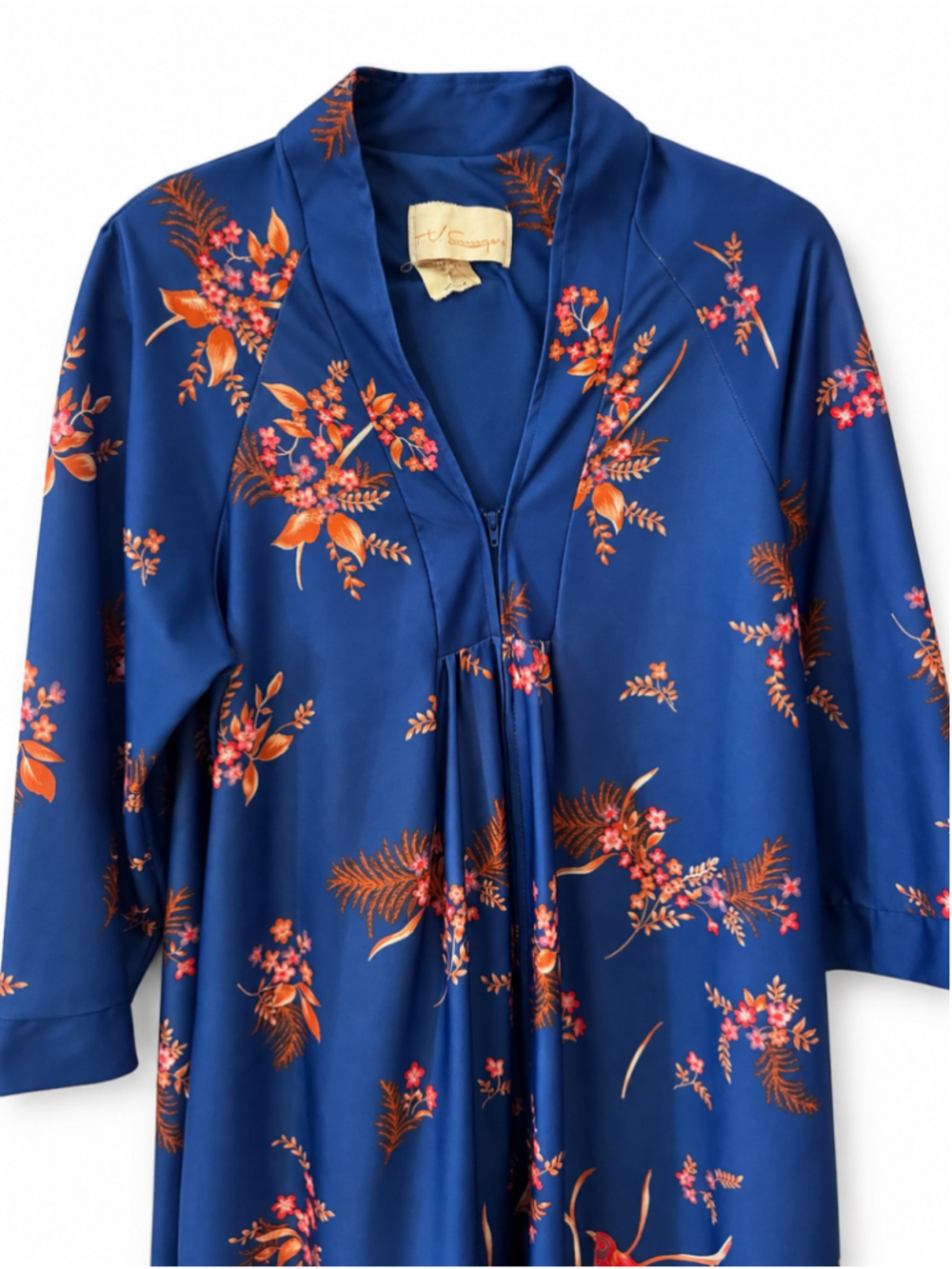 Vintage T V Lounger Blue Floral Bird Print Maxi Robe Caftan House Dress Medium - Picture 2 of 5